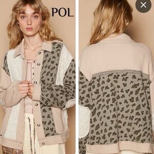 Mixed Leopard quilt waffle knit button down long sleeve shacket W POCKETS New